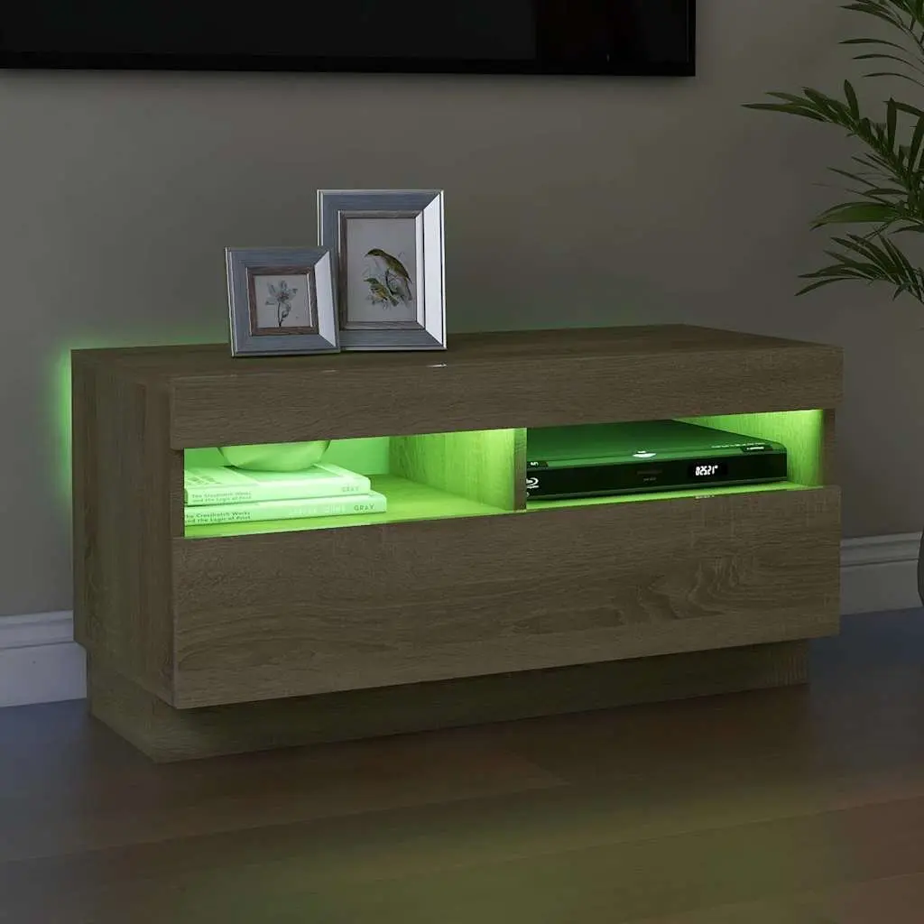 TV Cabinet with RGB LED Lights Brown Wooden Media Entertainment Stand Storage