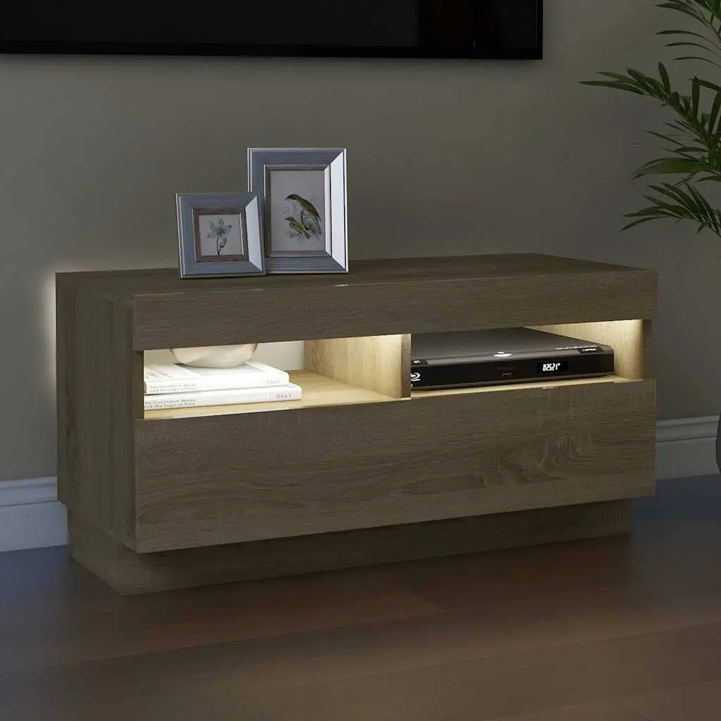 TV Cabinet with RGB LED Lights Brown Wooden Media Entertainment Stand Storage