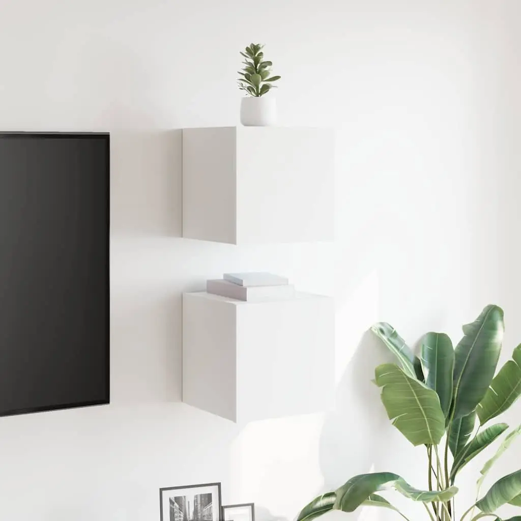 Floating Shelf Storage Unit White Wall Mounted TV Cabinet Set 2 Pieces