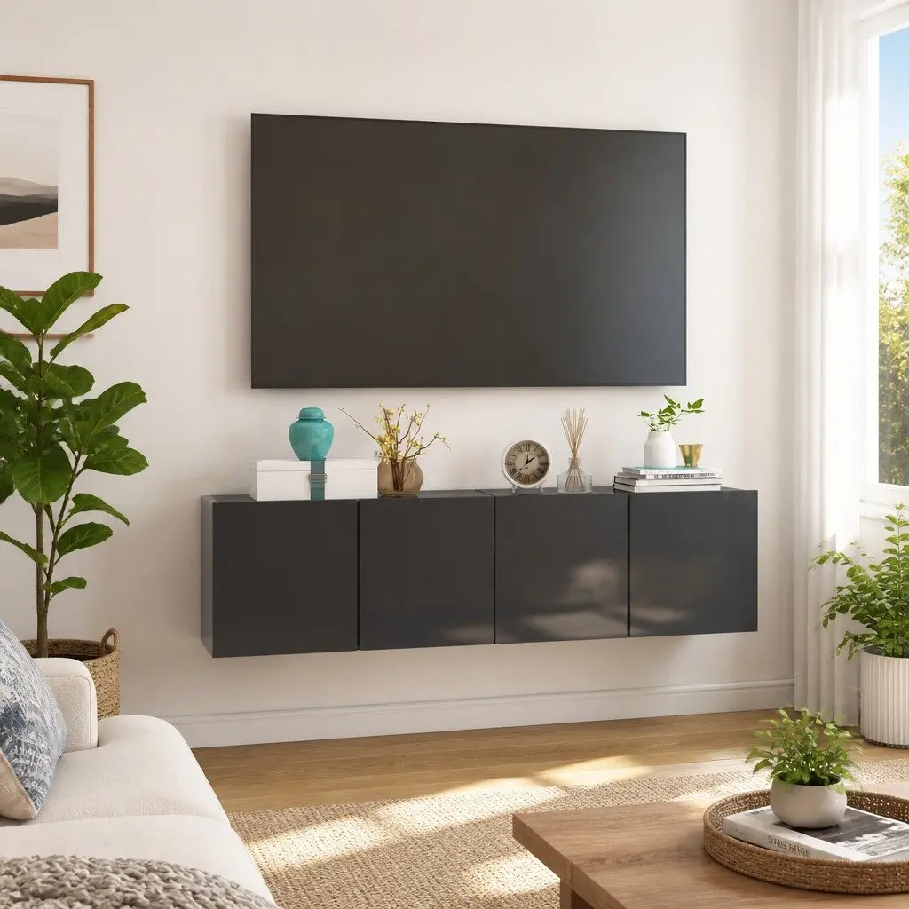 Wall Mounted TV Cabinet Set High Gloss Grey 2 Piece Storage Unit Living Room
