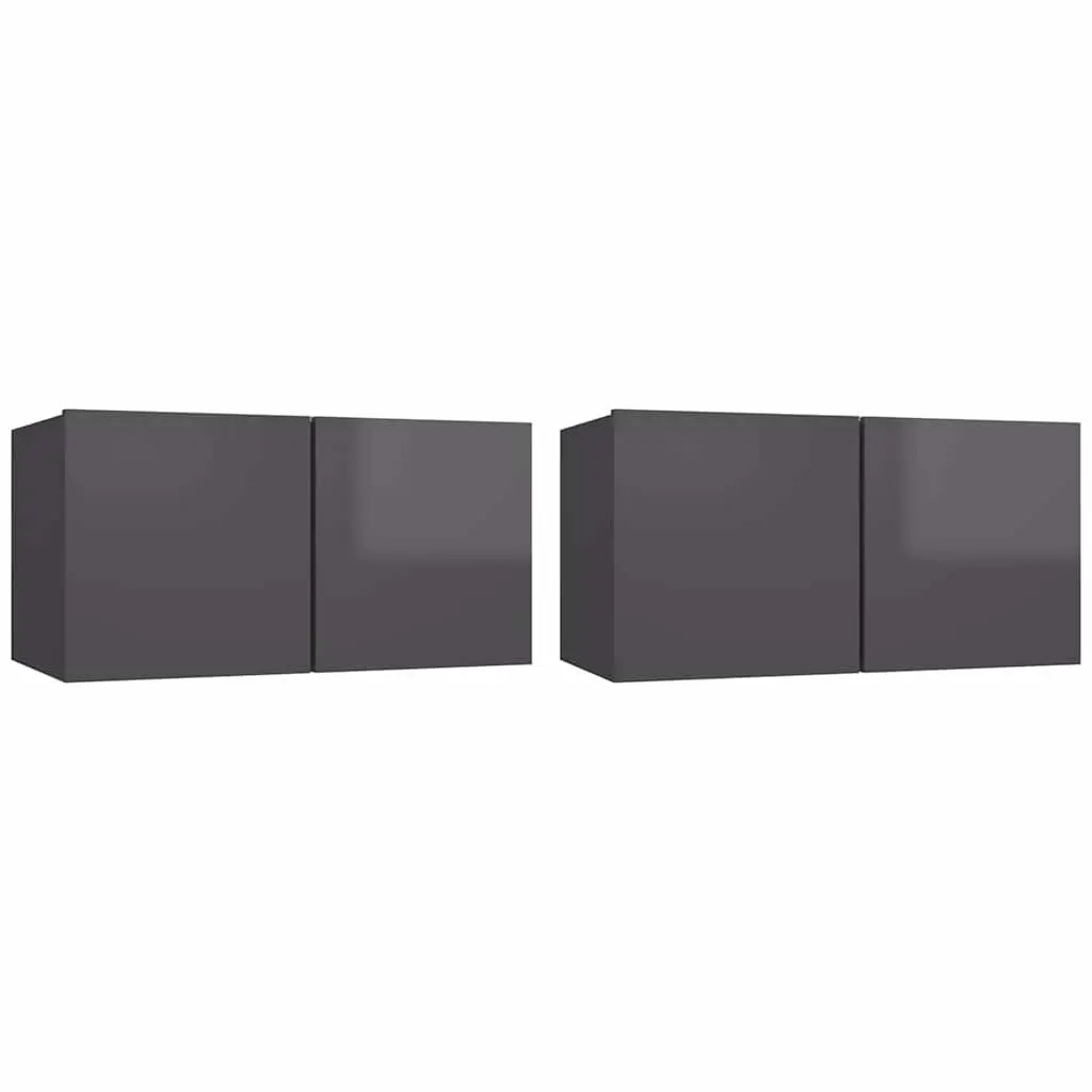 Wall Mounted TV Cabinet Set High Gloss Grey 2 Piece Storage Unit Living Room