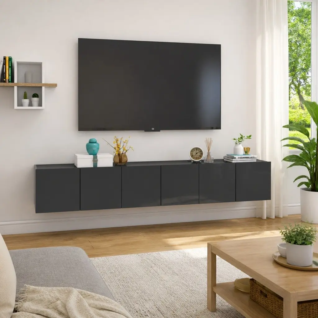 Hanging TV Cabinet Set Modern Grey Wall Mount Storage 3 Piece