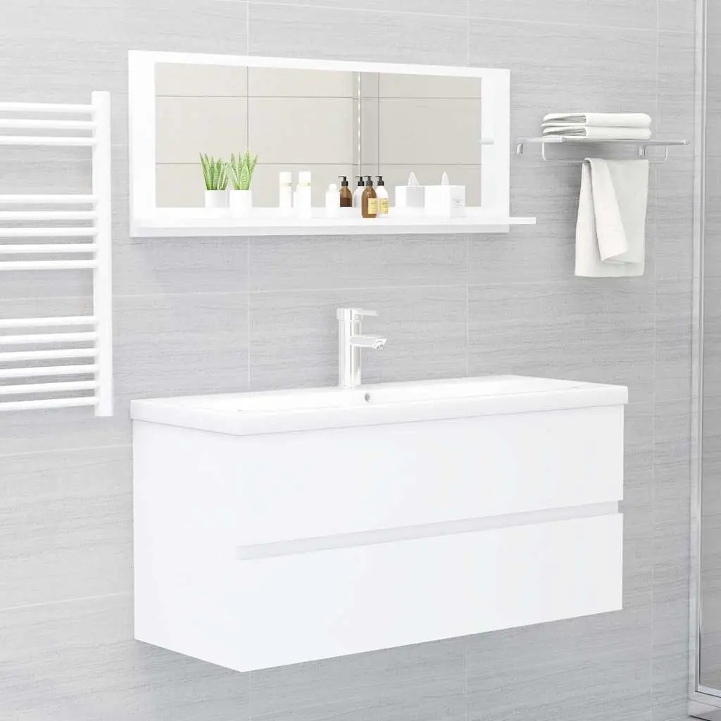 Bathroom Mirror Wall Mounted White Engineered Wood Unit with Shelf 100 x 10.5 x 37 cm