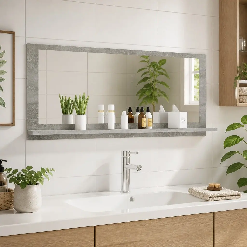 Bathroom Vanity Mirror with Storage Shelf Grey Engineered Wood Wall Mount 100 x 10.5 x 37 cm