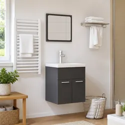 Bathroom Furniture Set 2 Piece Grey High Gloss Cabinet Mirror Engineered Wood