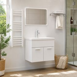 Bathroom Furniture Set 2 Piece White Engineered Wood Cabinet Mirror Storage