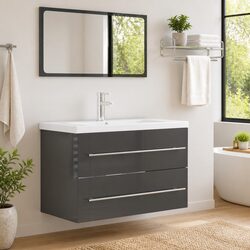 Bathroom Furniture Set Grey High Gloss 2 Piece Mirror Cabinet Engineered Wood