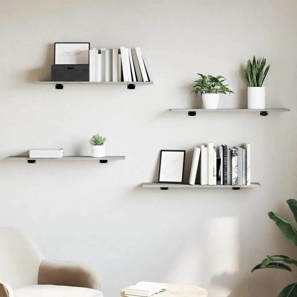 Grey Wall Mounted Storage Shelves Set of 4 Engineered Wood Bookshelf Boards