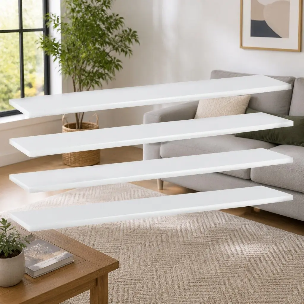 White Wall Mount Floating Shelf Boards Set 4 Piece Engineered Wood Storage Display 100x20x15cm