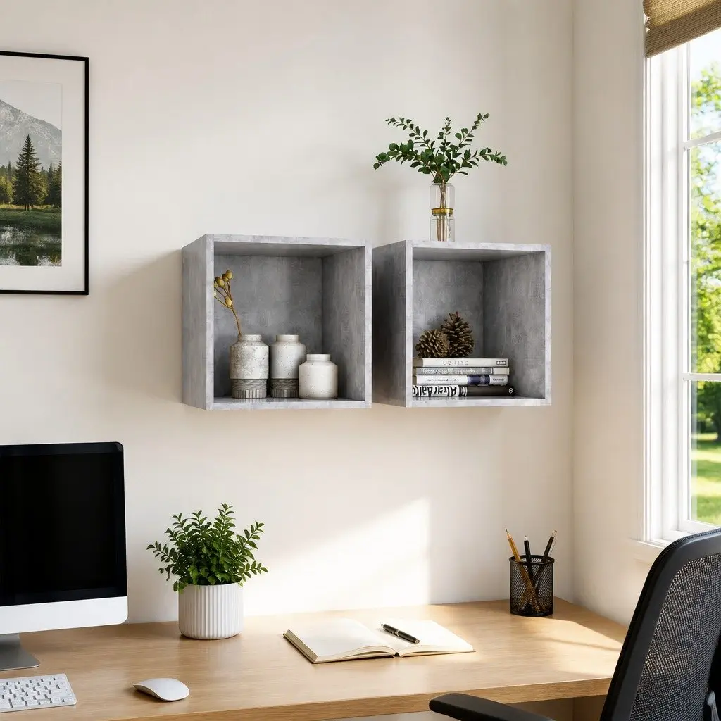 Wall Cabinet Grey Engineered Wood Floating Shelf Storage Unit 37x37x37 cm 2 Piece