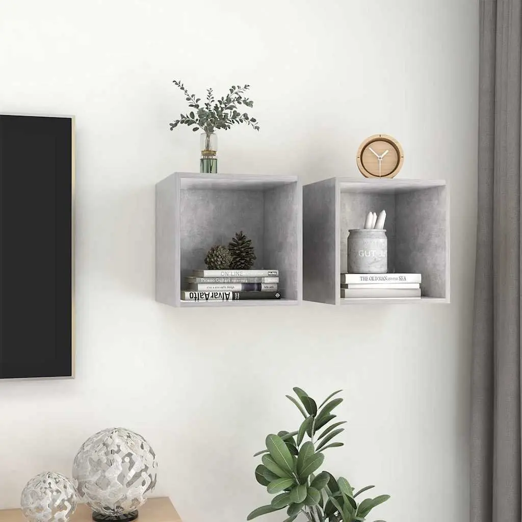 Wall Cabinet Grey Engineered Wood Floating Shelf Storage Unit 37x37x37 cm 2 Piece