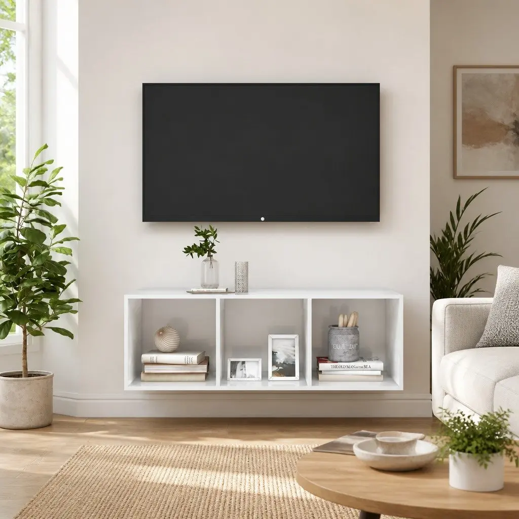White Wall-Mounted TV Cabinet with 3 Compartments
