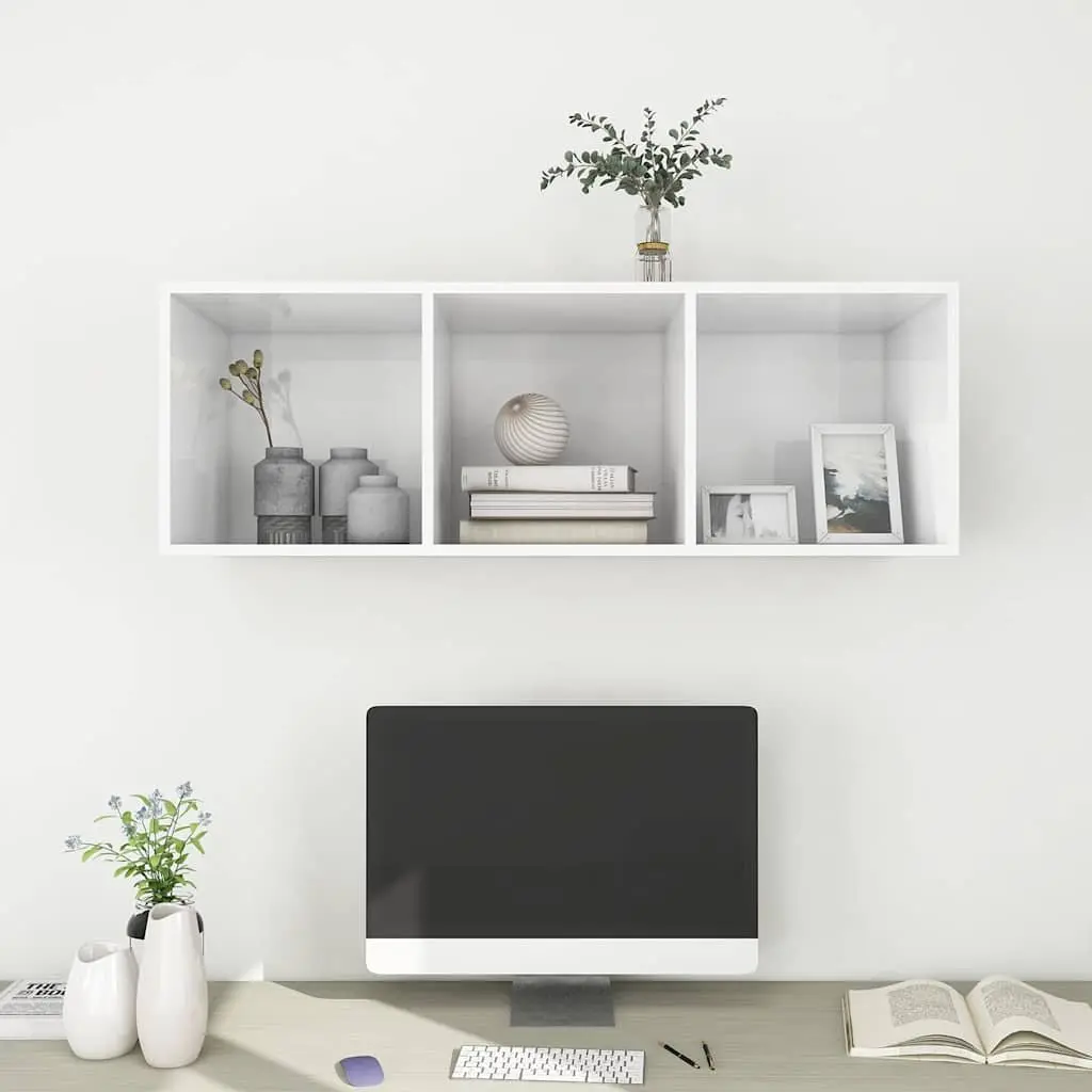 White Wall-Mounted TV Cabinet with 3 Compartments