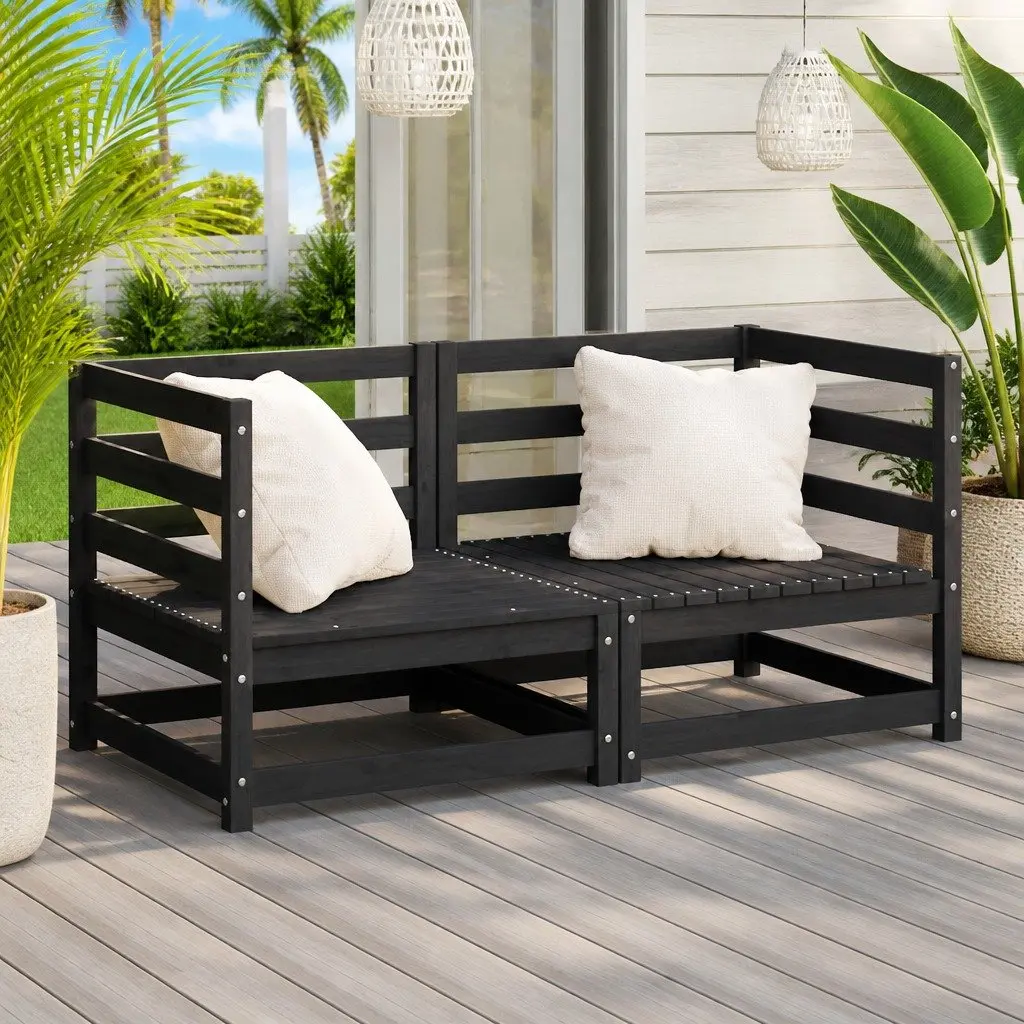 Outdoor Corner Sofa 2 pcs Black Solid Pinewood Garden Sectional Seating Lounge