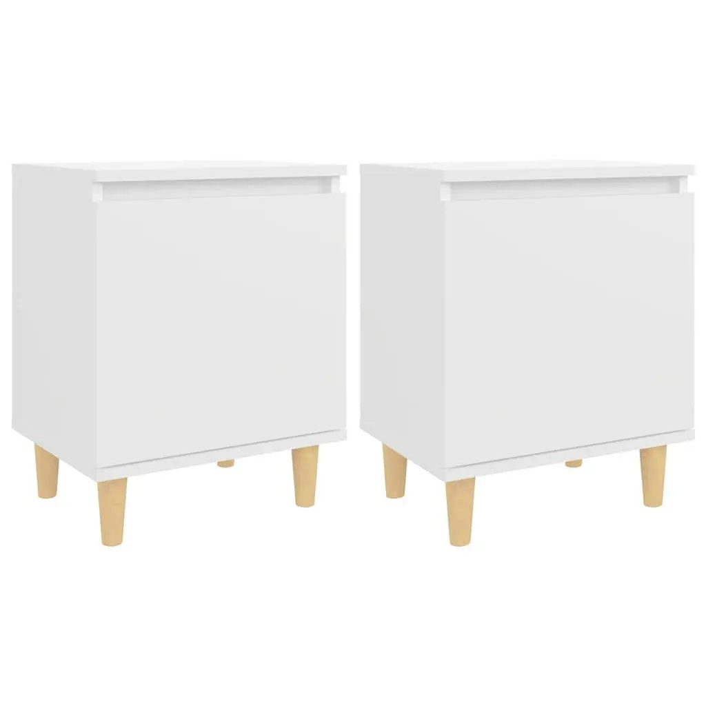 Bedside Table Scandinavian Style White Storage Cabinet with Solid Wood Legs 2 Pieces