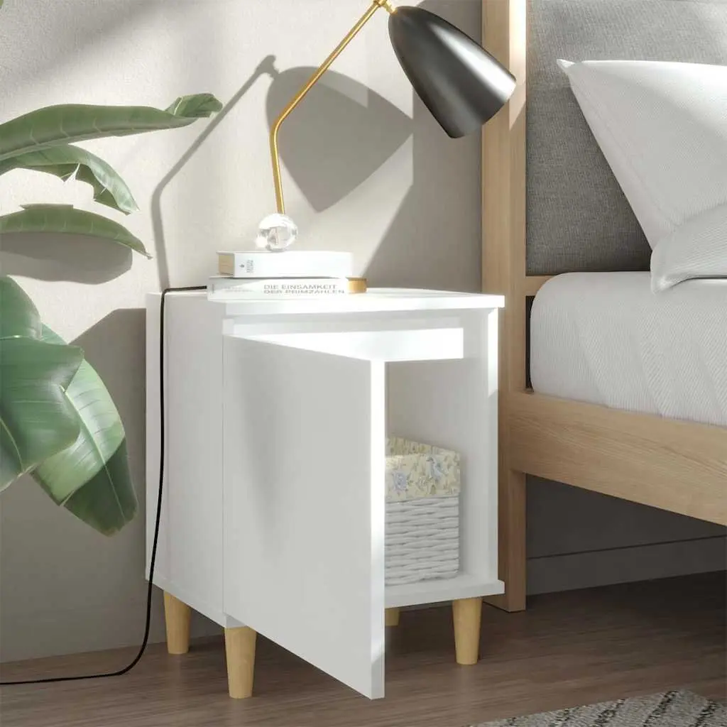 Bedside Table Scandinavian Style White Storage Cabinet with Solid Wood Legs 2 Pieces