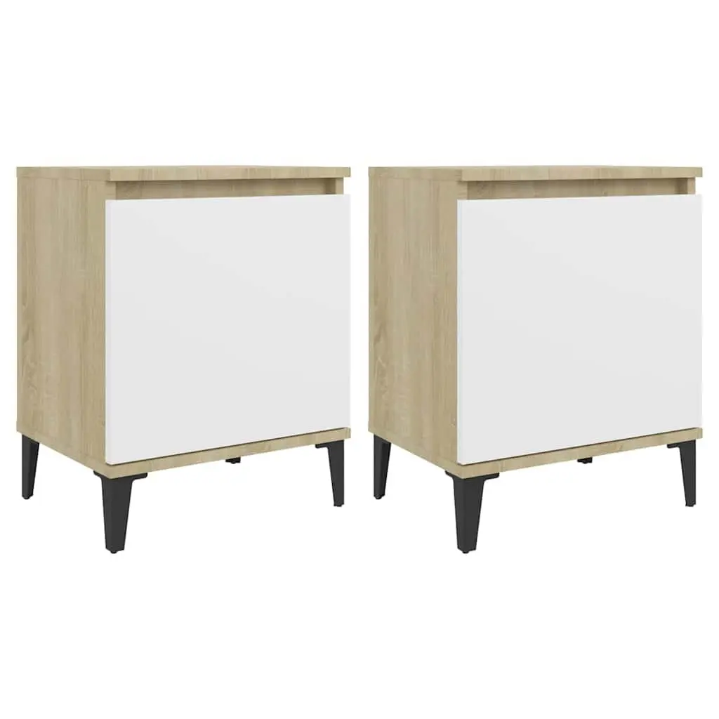 Bedside Table Industrial Style Sonoma Oak and White Nightstand with Metal Legs