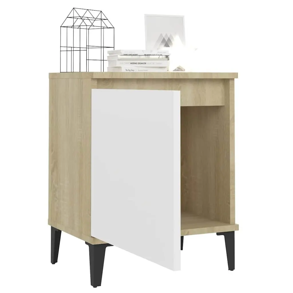 Bedside Table Industrial Style Sonoma Oak and White Nightstand with Metal Legs