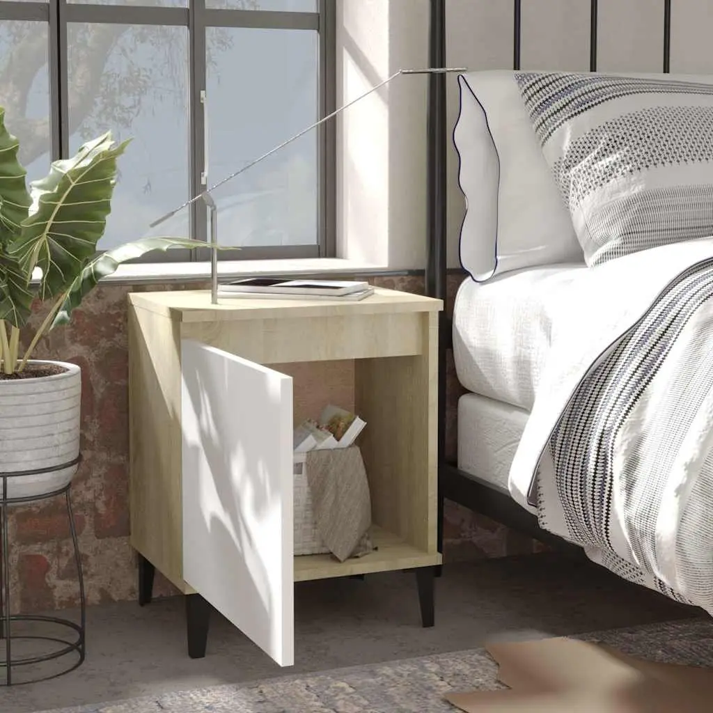 Bedside Table Industrial Style Sonoma Oak and White Nightstand with Metal Legs