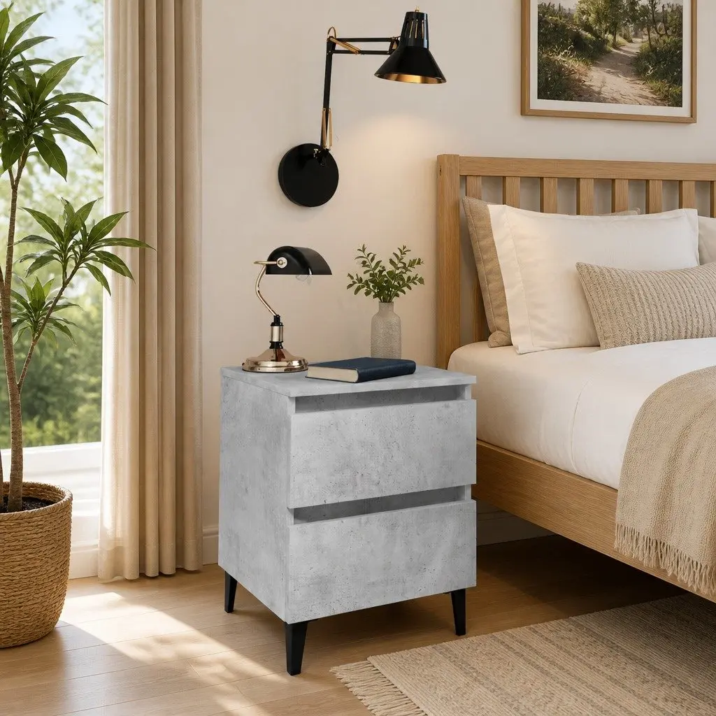 Bedside Table Grey Concrete Engineered Wood Two Drawers