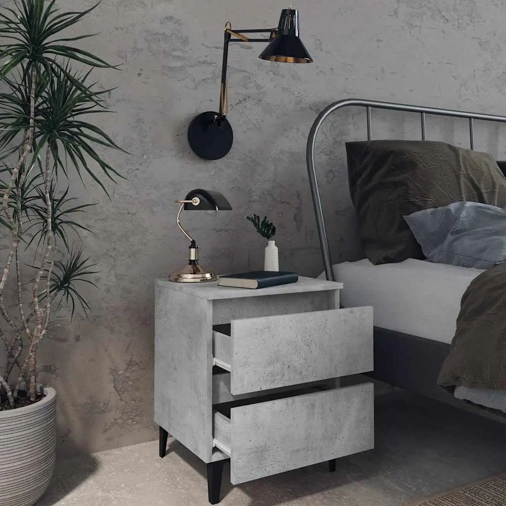 Bedside Table Grey Concrete Engineered Wood Two Drawers