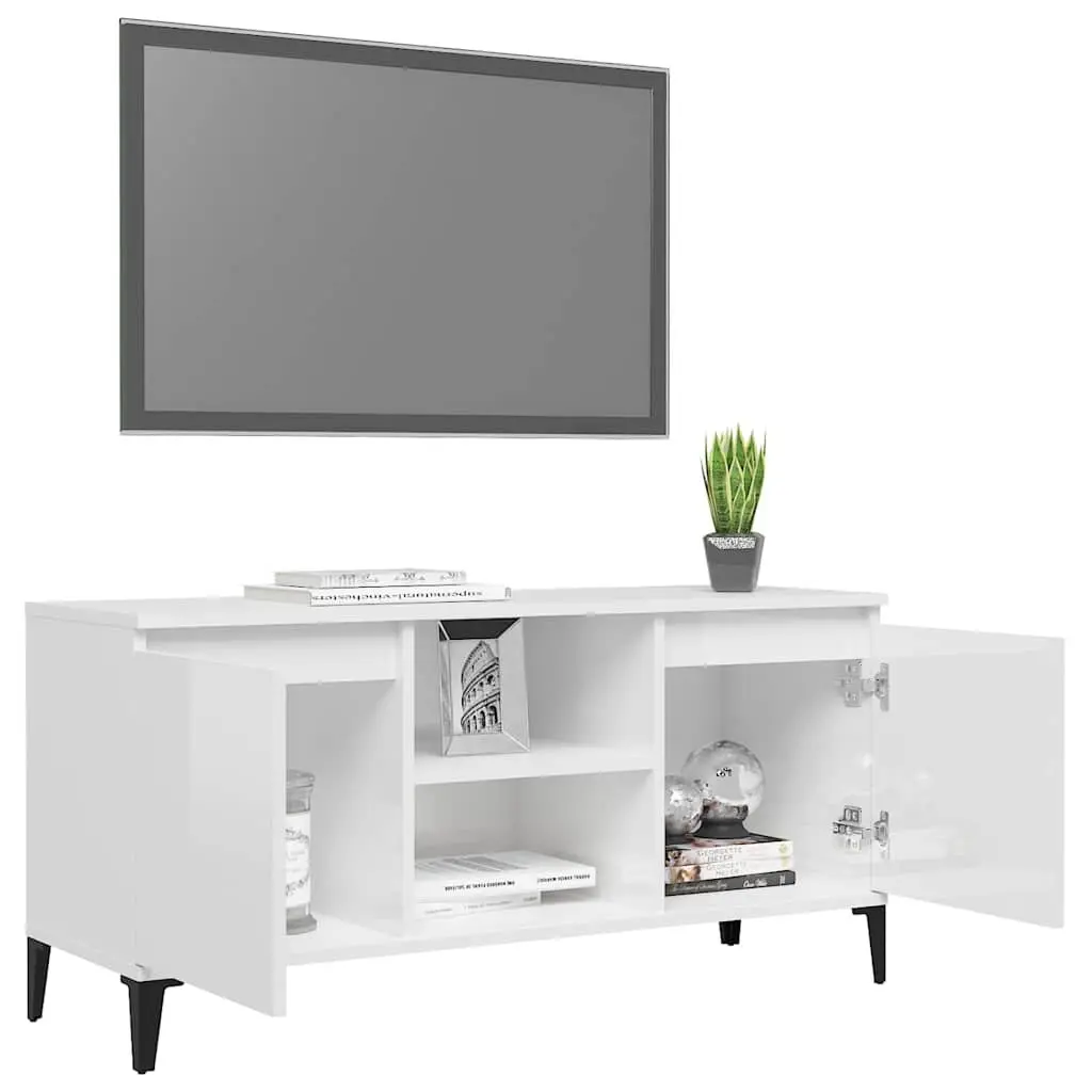 TV Cabinet White High Gloss with Metal Legs Storage Sideboard Shelf Unit