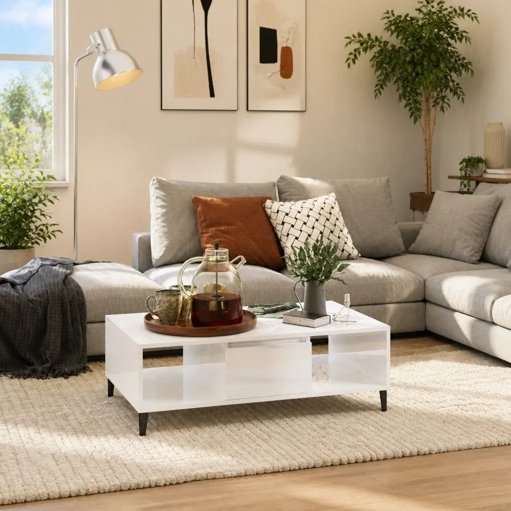 Coffee Table White High Gloss Storage Compartment 103.5 x 60 x 35 cm