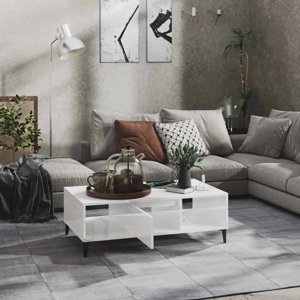 Coffee Table White High Gloss Storage Compartment 103.5 x 60 x 35 cm