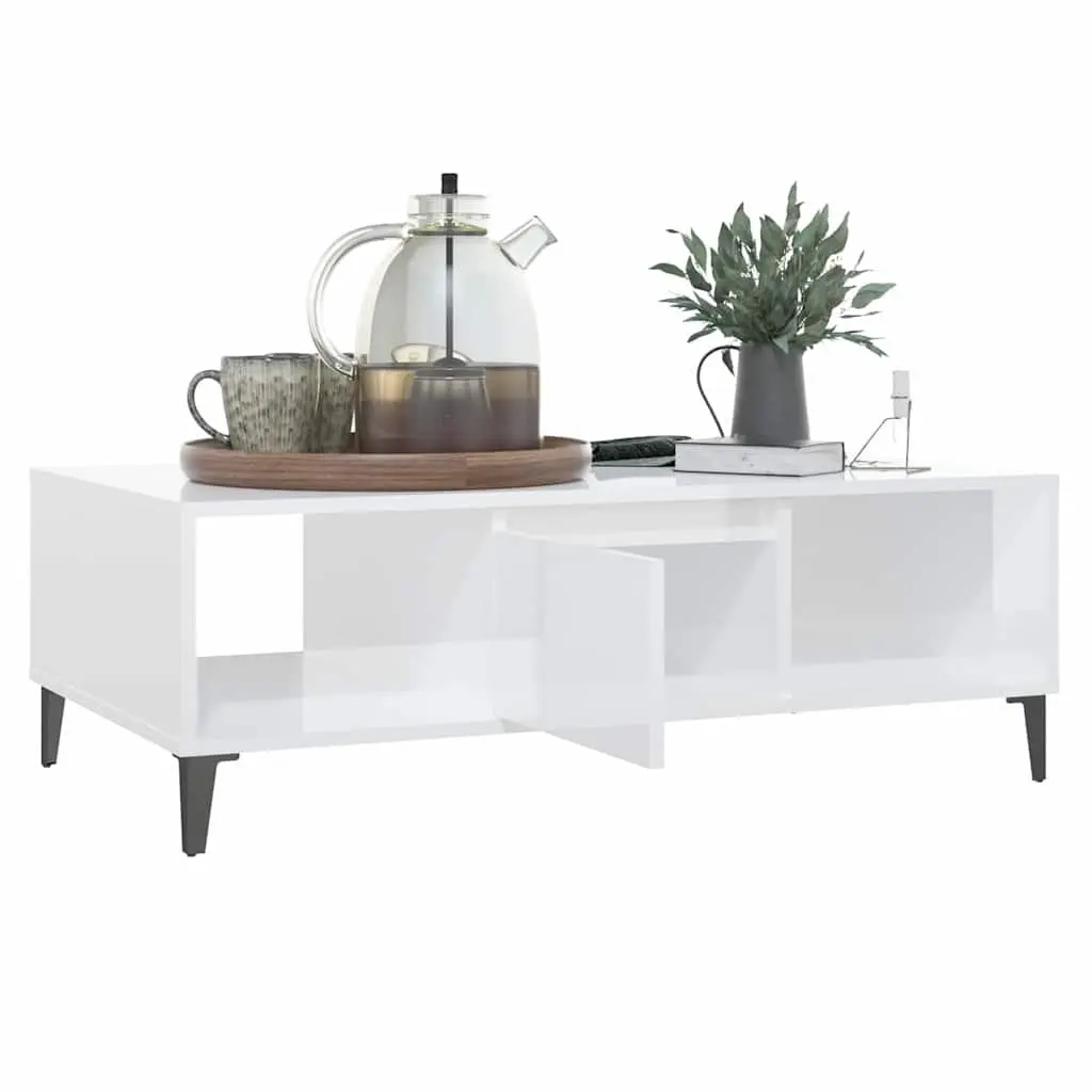 Coffee Table White High Gloss Storage Compartment 103.5 x 60 x 35 cm