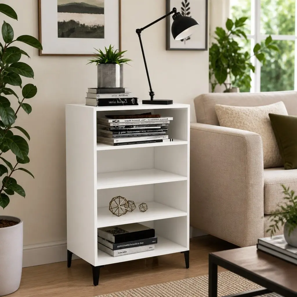 White Sideboard Storage Cabinet Engineered Wood 4 Shelf 57 x 35 x 90 cm