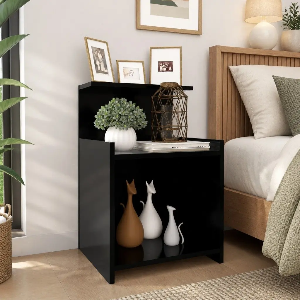 Bedside Tables Black Nightstand Open Shelves Storage 40 x 35 x 60 cm Set of 2