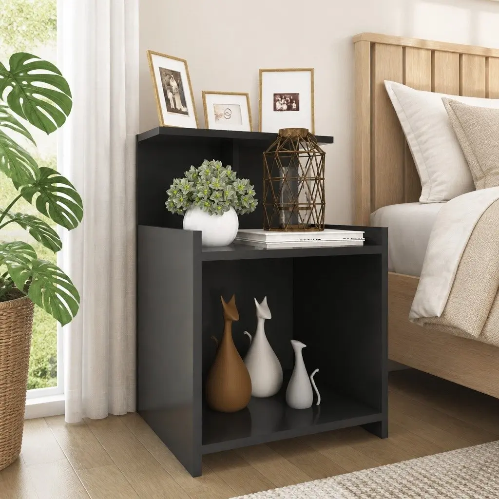 Bedside Table Grey 40x35x60cm Nightstand with 3 Open Shelves