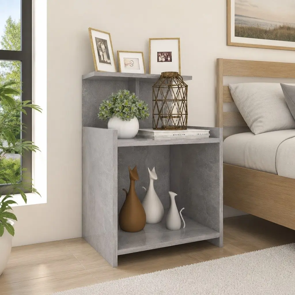 Grey Bedside Table 40x35x60cm Open Shelves Storage Unit