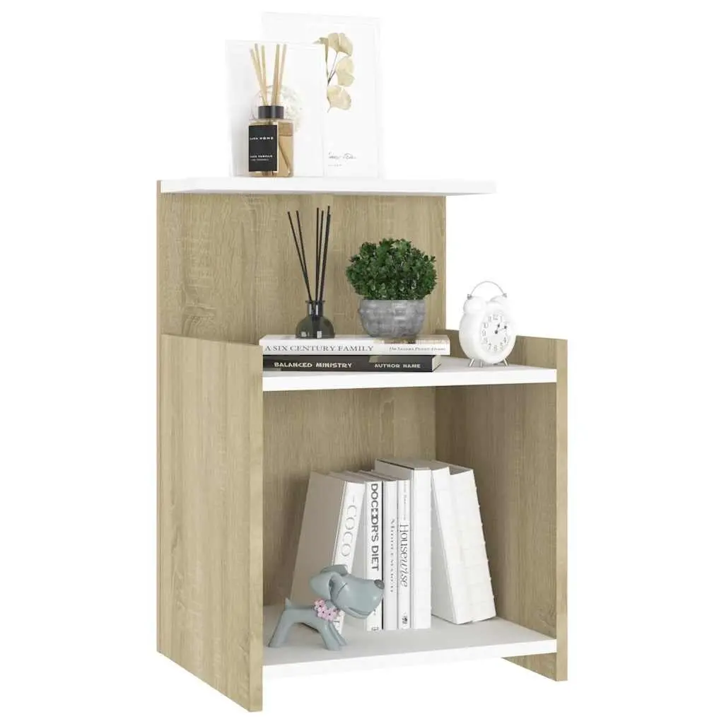 Bedside Table with 3 Open Shelves White Sonoma Oak Nightstand Cabinet Storage