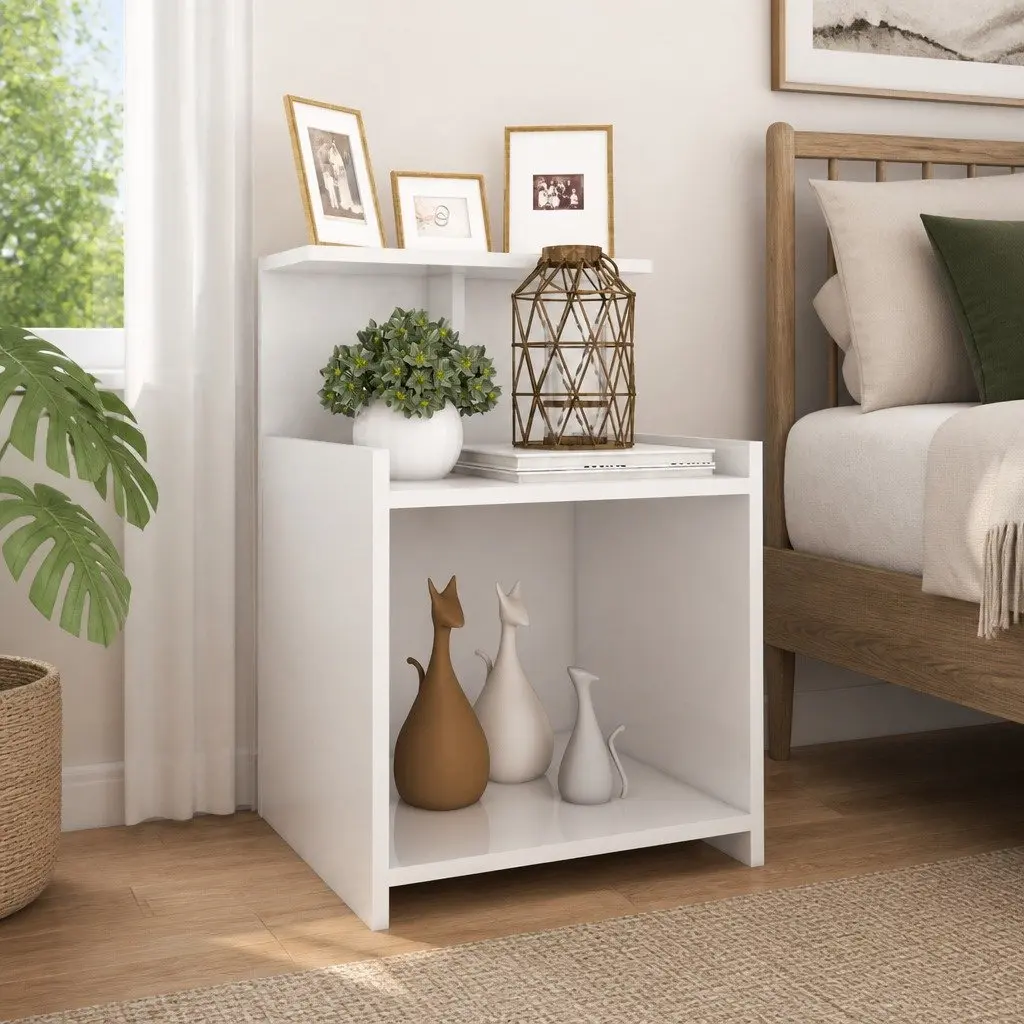 Bedside Table White High Gloss 3 Open Shelves Nightstand Storage Cabinet
