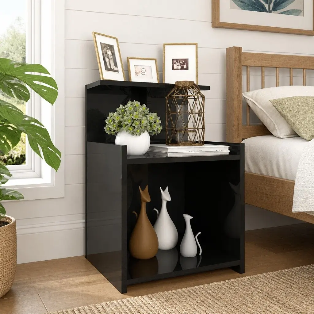 Bedside Tables 2pcs High Gloss Black Bed Cabinets Nightstand Side Table Set