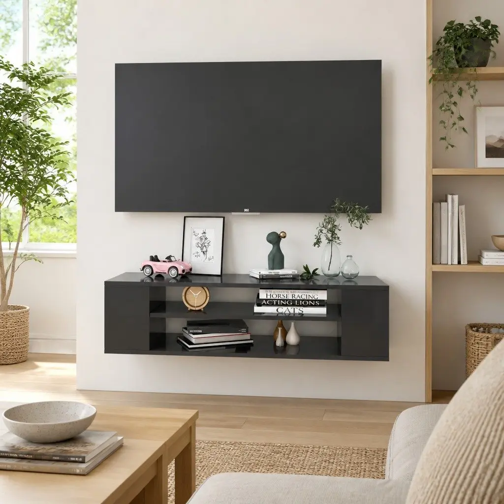 Hanging TV Cabinet Wall-Mounted Grey Storage Unit 100 x 30 x 26.5 cm