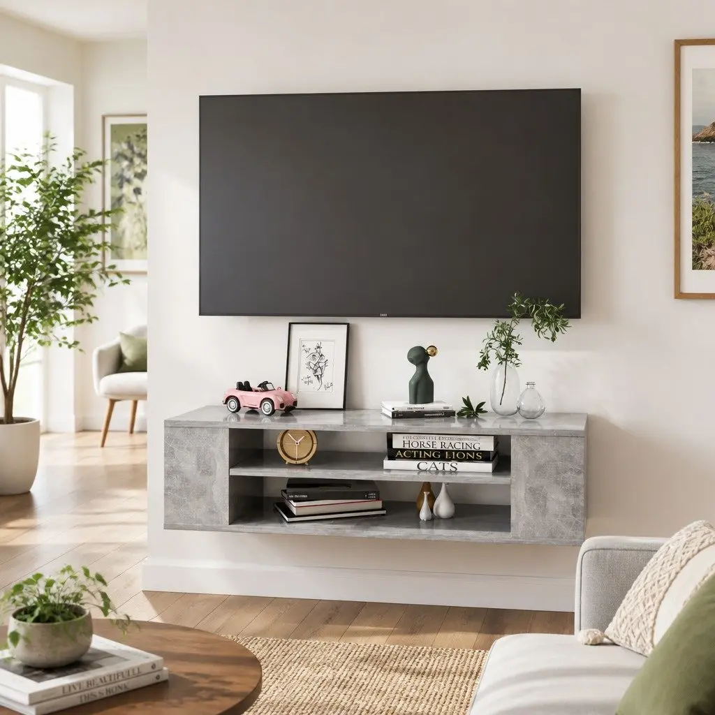 Hanging TV Cabinet Grey Wall-Mounted 100 x 30 x 26.5 cm Storage Open Compartments Media