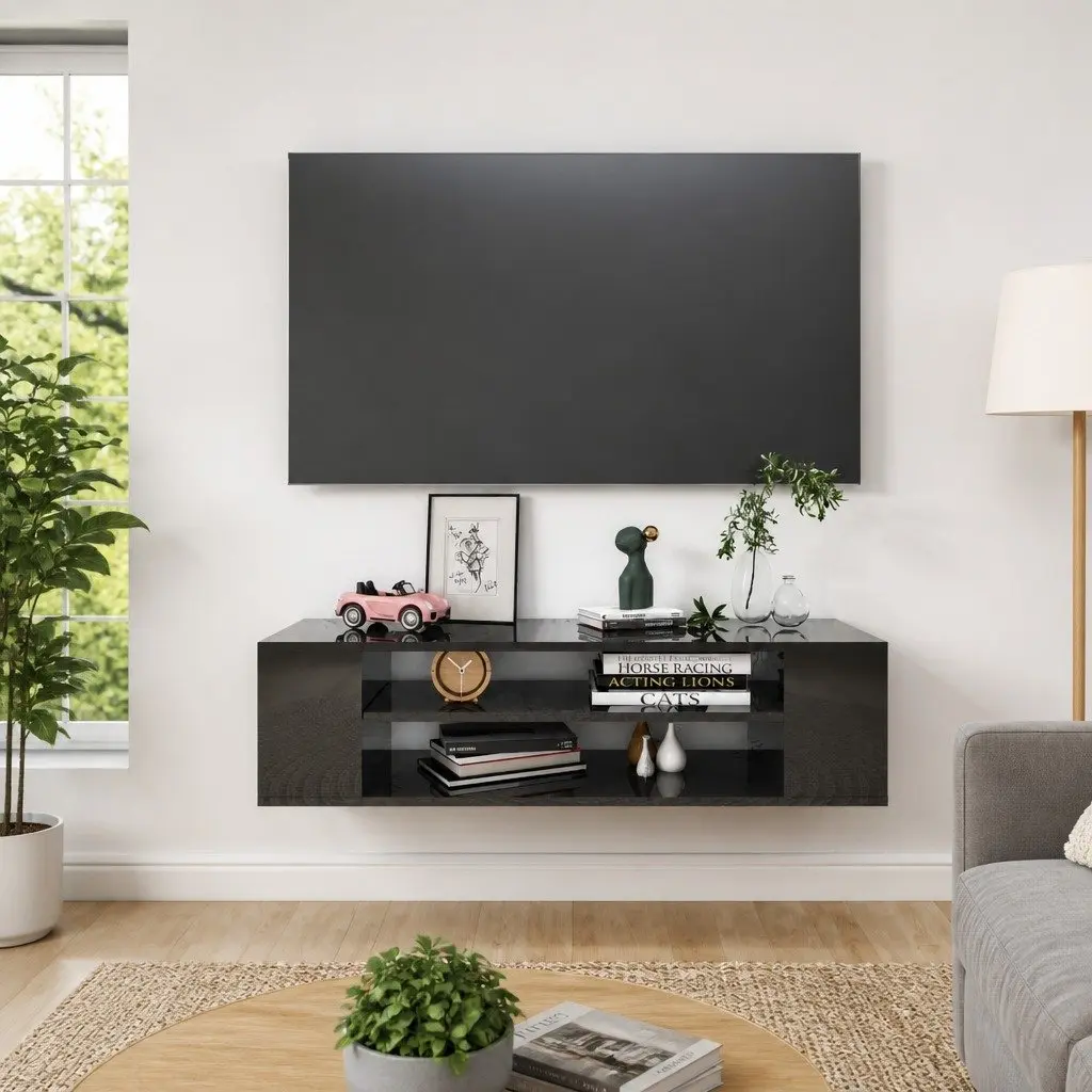 Hanging TV Cabinet Wall-Mounted High Gloss Black Living Room Storage Unit