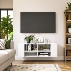 Wall-Mounted TV Cabinet White Storage Unit Adjustable Shelves Living Room