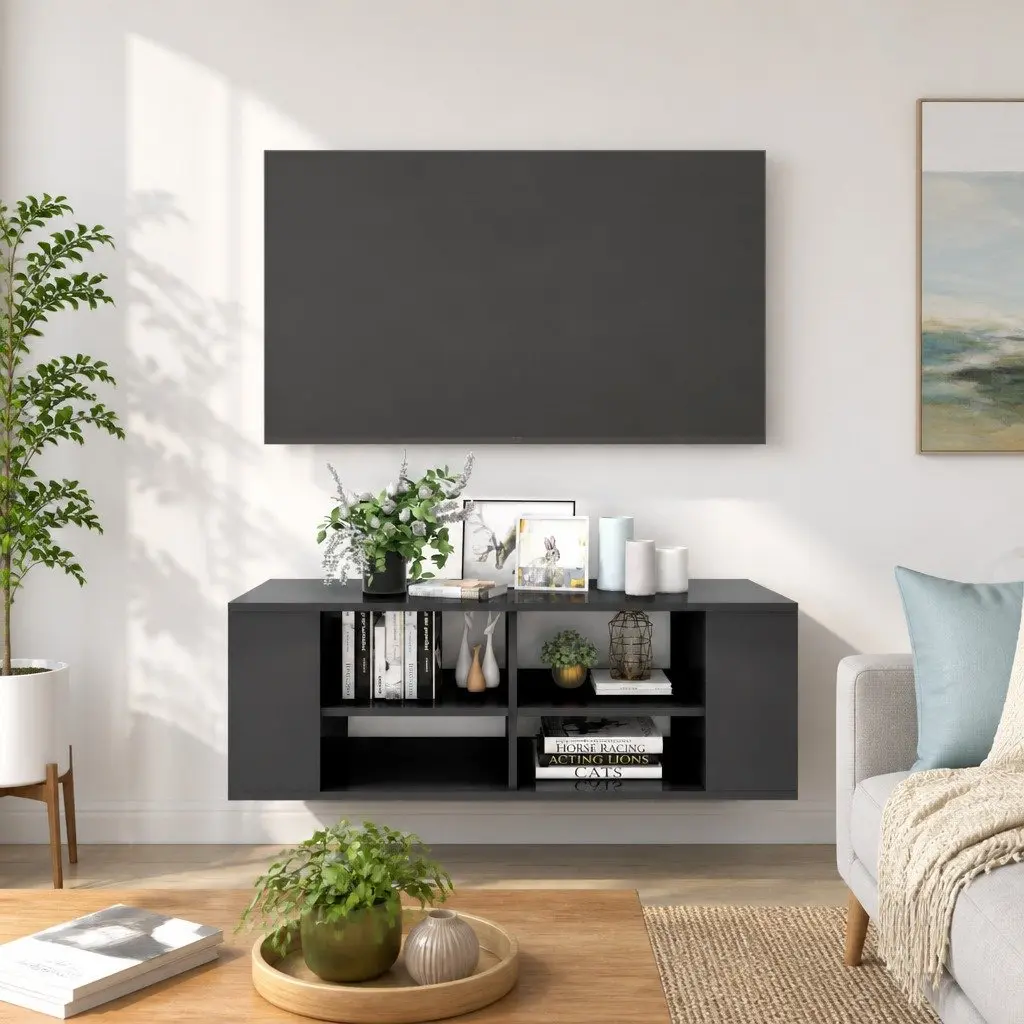 Wall-Mounted TV Cabinet Grey High Gloss Adjustable Shelving 102 x 35 x 35 cm
