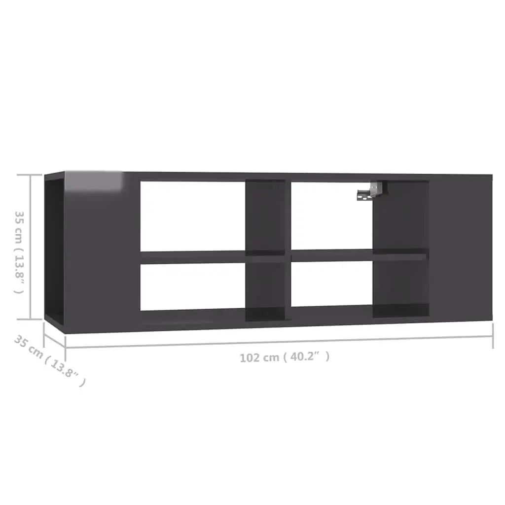 Wall-Mounted TV Cabinet Grey High Gloss Adjustable Shelving 102 x 35 x 35 cm