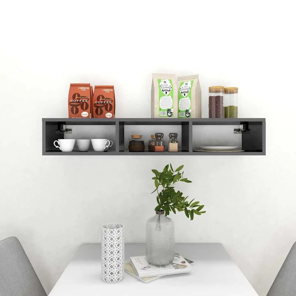 Wall Shelf Grey High Gloss Floating Cabinet 3 Compartments 102 x 30 x 17 cm