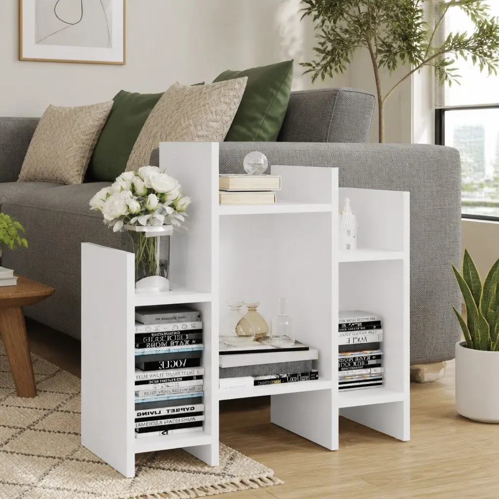 Side Cabinet White Engineered Wood Storage Unit 6 Shelves