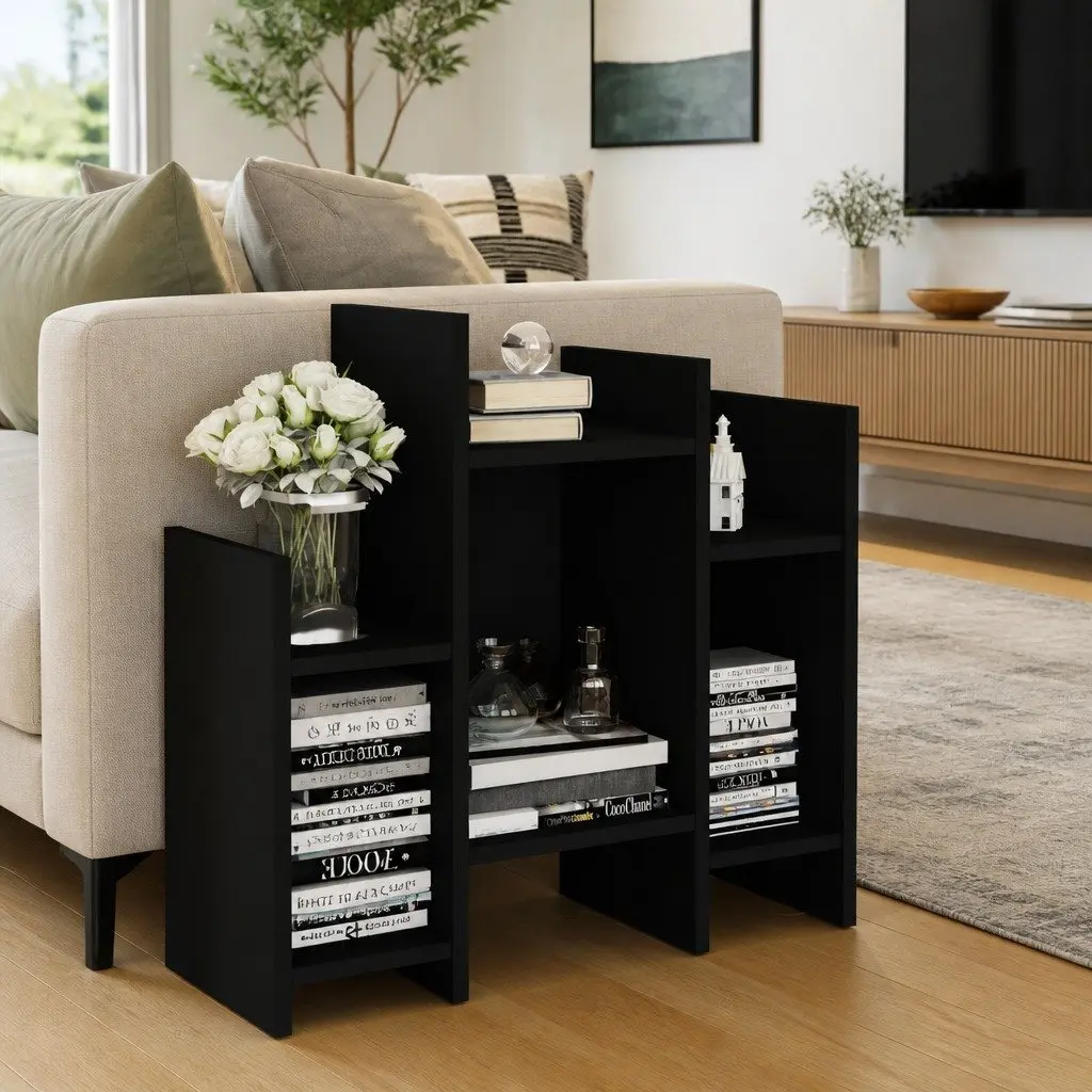 Side Cabinet Black Engineered Wood 6 Shelves