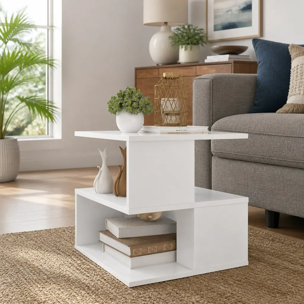 White Side Table with 2 Shelves for Storage