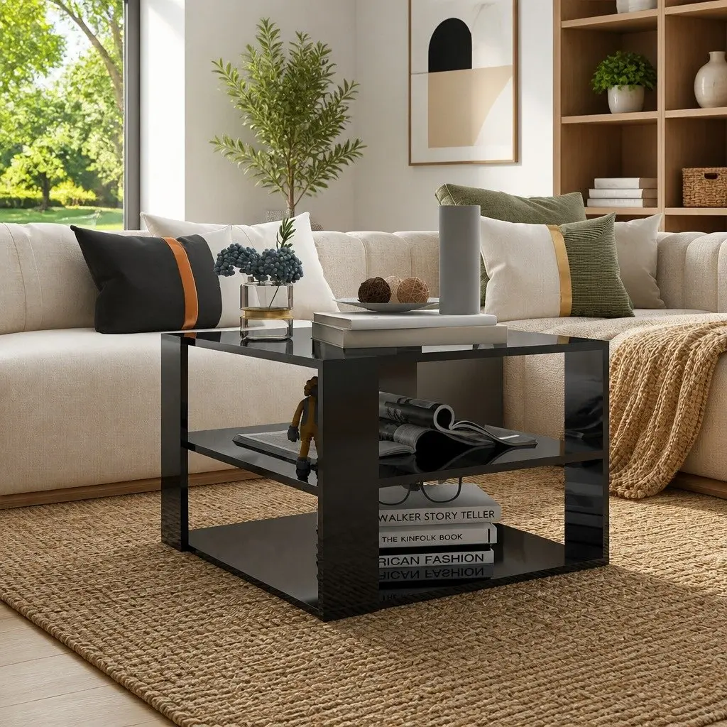 Coffee Table Modern Grey High Gloss Storage Shelf 60 x 60 x 40 cm