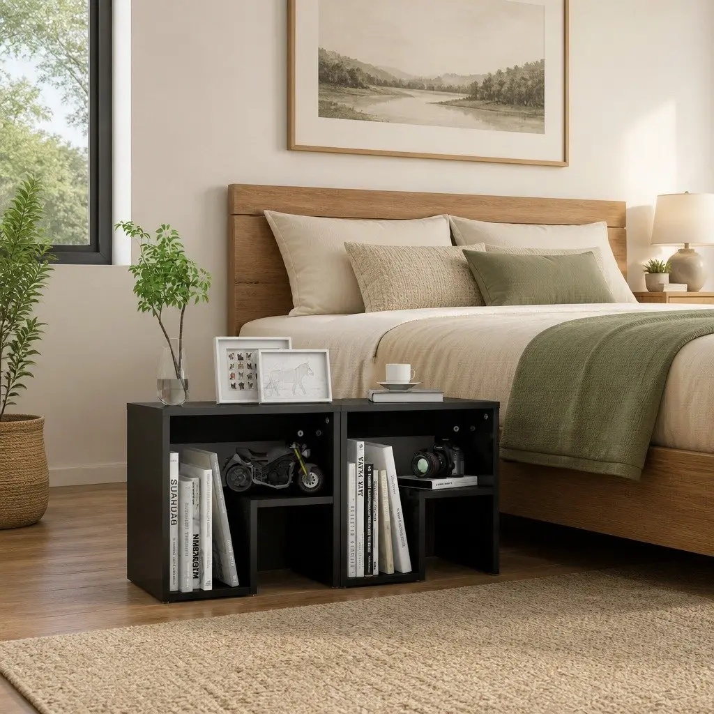 Bedside Tables High Gloss Grey 2 pcs Nightstands with Shelf