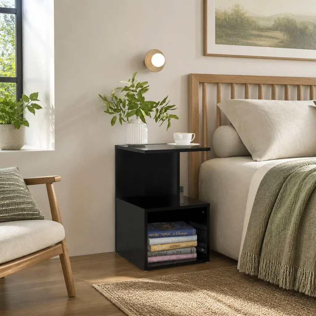 Bedside Cabinet Black Open Compartments 35W x 35D x 55H cm