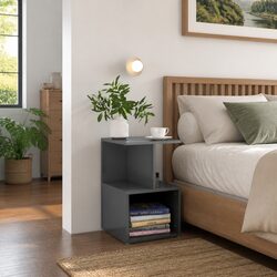 Bedside Cabinet Grey High Gloss Open Compartments Storage Nightstand Table